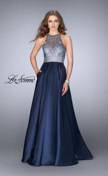 Picture of: Sheer Beaded Halter Top Dress with A-line Skirt in Navy, Style: 24789, Main Picture