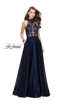 Picture of: Long Prom Dress with Satin A-line Skirt and Beading in Navy, Style: 25617, Main Picture