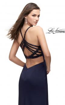 Picture of: Long Jersey Prom Dress with Beaded Strappy Open Back in Navy, Style: 25669, Main Picture