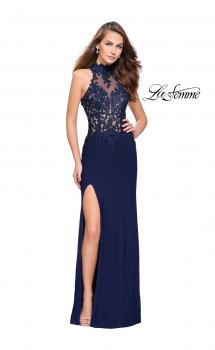 Picture of: Sheer Lace and Beaded Prom Dress with High Neck in Navy, Style: 26038, Main Picture