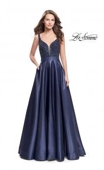 Picture of: Long Mikado Prom Dress with Beaded Bodice in Navy, Style: 26203, Main Picture