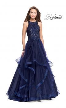 Picture of: Ball Gown with Tulle Skirt, High Neck, Beads, and Lace in Navy, Style: 26386, Main Picture