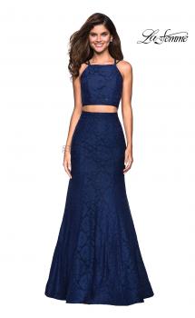 Picture of: Two Piece Stretch Lace Prom Dress with Strappy Back in Navy, Style: 27452, Main Picture