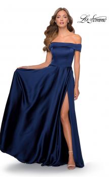 Picture of: Satin Off the Shoulder Evening Dress with Pockets in Navy, Style: 28978, Main Picture