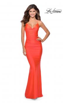 Picture of: Neon Prom Dress with Ruching and Strappy Back in Neon Coral, Style: 29020, Main Picture