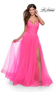 Picture of: Long Tulle A-line Prom Gown with Side Slit and Pockets in Neon Pink, Style: 28561, Main Picture