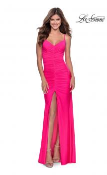 Picture of: Neon Ruched Prom Gown with Center Slit in Neon Pink, Style: 28891, Main Picture