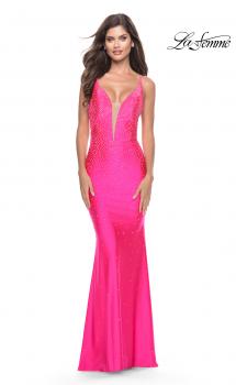 Picture of: Bedazzled Rhinestone Jersey Gown with Deep V Neckline in Neon in Neon Pink, Style: 31413, Main Picture