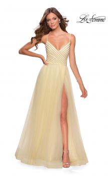 Picture of: Tulle A-line Dress with Patterned Rhinestone Bodice in Pale Yellow, Style: 28511, Main Picture