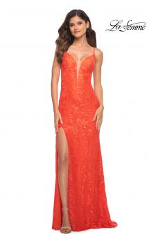 Picture of: Papaya Stretch Lace Prom Dress with Deep V Neckline in Papaya, Main Picture