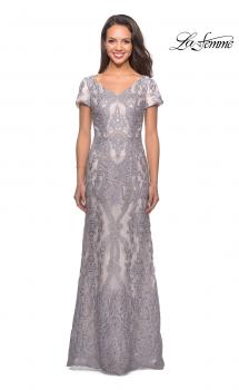 Picture of: Long Lace Dress with Short Sleeves and V-Neck in Pink Gray, Style: 26708, Main Picture