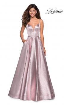 Picture of: Metallic Long Evening Gown with Plunging Neckline in Pink, Style: 27322, Main Picture