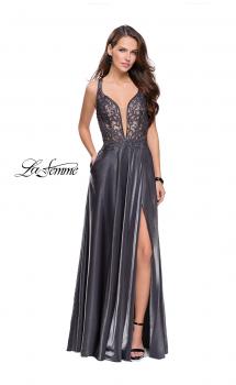 Picture of: Two Tone A-line Gown with Lace Bodice and Leg Slit in Platinum, Style: 25907, Main Picture