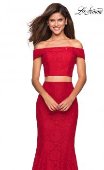 Picture of: Lace Two Piece Off the Shoulder Dress with Rhinestones in Red, Style: 27443, Main Picture