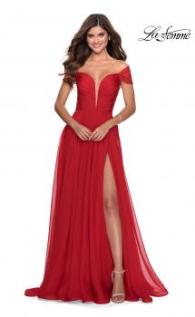 Picture of: Off the Shoulder Chiffon Gown with Plunging Neckline in Red, Style: 28546, Main Picture