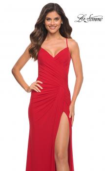 Picture of: Net Jersey Long Ruched Gown with Slit and Open Back in Red, Main Picture