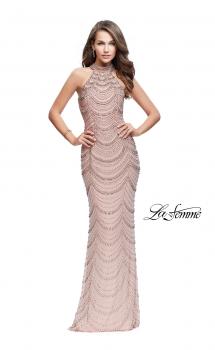 Picture of: Long Metallic Beaded High Neck Prom Dress in Rose Gold, Style: 25930, Main Picture