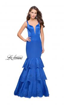 Picture of: Satin Prom Dress with Laser Cut Detail and Tulle Skirt in Sapphire Blue, Style: 25749, Main Picture