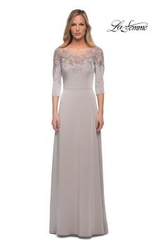 Picture of: Jersey Mother of the Bride Gown with Lace Neckline in Silver, Main Picture