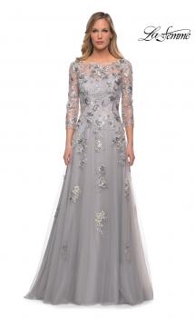 Picture of: A Line Tulle and Lace Gown with Boat Neckline in Silver, Main Picture