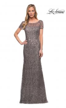 Picture of: Beaded Long Dress with Illusion Top and Sleeves in Silver, Main Picture