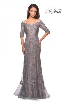 Picture of: Long Prom Gown with Scattered Lace Overlay in Silver Pink, Style: 24866, Main Picture