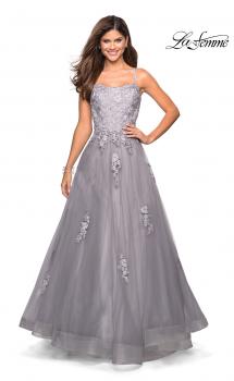 Picture of: Floor Length Tulle Ball Gown with Lace Accents in SIlver, Style: 27441, Main Picture