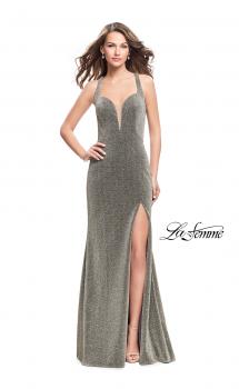 Picture of: Form Fitting Jersey Gown with Leg Slit and Open Back in Silver Gold, Style: 25901, Main Picture