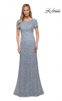 Picture of: Long Print Lace Dress with Short Sleeves in Slate Blue, Main Picture
