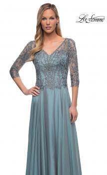 Picture of: Chiffon Dress with Sheer Lace Three-Quarter Sleeves in Slate Blue, Main Picture