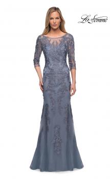 Picture of: Tulle Gown with Lace Applique and Illusion Top in Slate, Main Picture