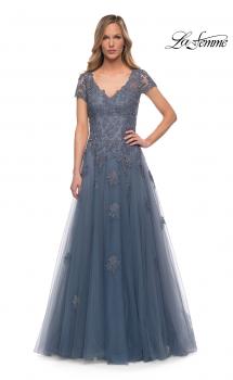 Picture of: Tulle A Line Gown with Lace Applique and V Neck in Slate, Main Picture