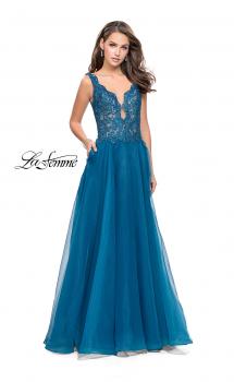 Picture of: Long A-line Prom Dress with Beaded Lace Bodice in Teal, Style: 25970, Main Picture