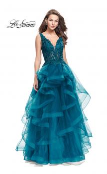 Picture of: Long Ball Gown with Cascading Ruffle Skirt and Lace in Teal, Style: 25982, Main Picture