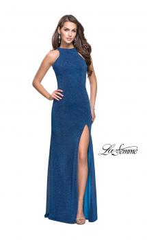 Picture of: Sparkling Jersey Prom Dress with High Neck and Slit in Turquoise, Style: 25908, Main Picture