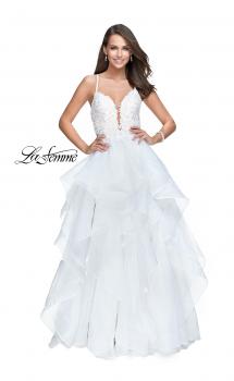 Picture of: Long Tulle Ball Gown with Ruffle Skirt and Lace Bodice in White, Style: 25928, Main Picture