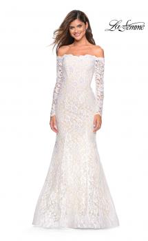 Picture of: Off the Shoulder Long Sleeve Lace Prom Gown in White, Style: 26393, Main Picture
