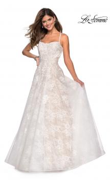 Picture of: Floor Length Lace Dress with Criss Cross Open Back in White, Style: 27448, Main Picture