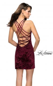 Picture of: High Neck Short Velvet Dress with Criss Cross Back Straps in Wine, Style: 26663, Main Picture