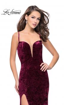 Picture of: Crushed Velvet Form Fitting Gown with Leg Slit and Open Back in Wine, Style: 25659, Main Picture