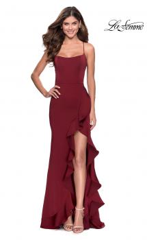 Picture of: Ruffle Prom Dress with Scoop Neck and Lace Up Back in Wine, Style: 28294, Main Picture