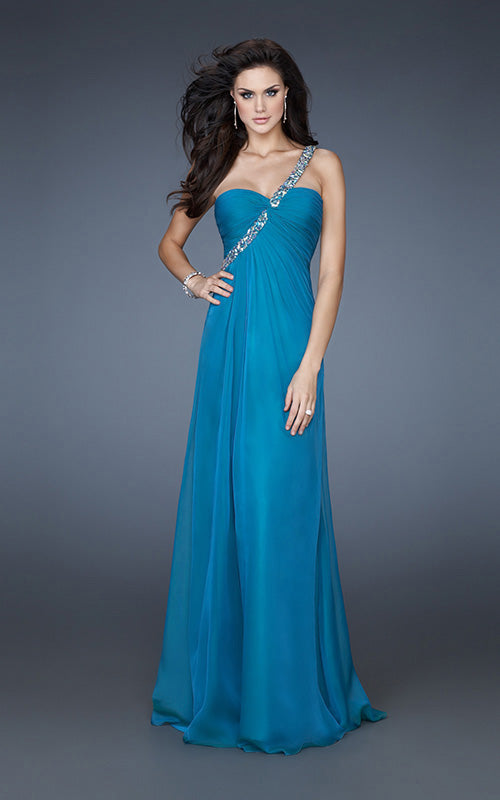Picture of: Chiffon A-line Dress with Beaded One Shoulder Strap in Blue, Style: 17966, Main Picture