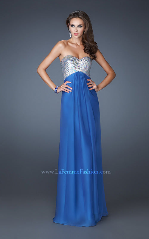 Picture of: Empire Waist Chiffon Gown with Crossed Strap Open Back in Blue, Style: 18729, Detail Picture 2