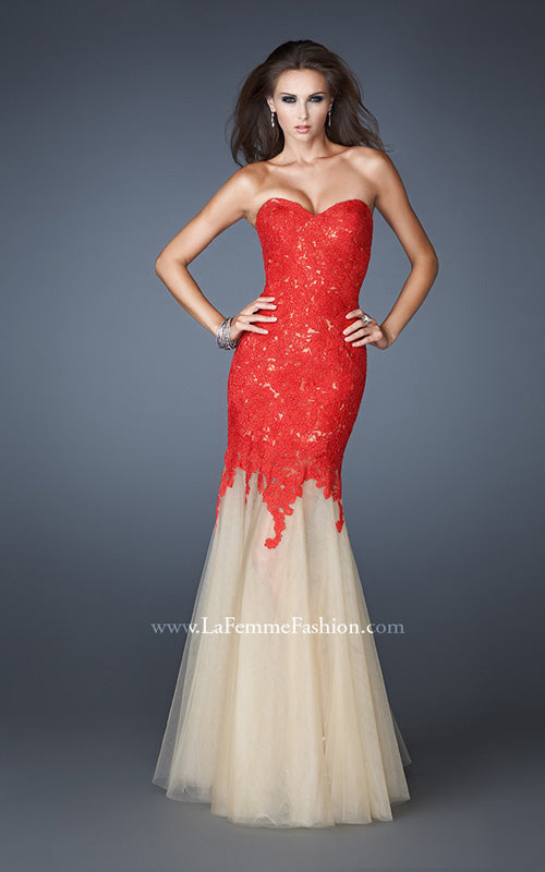 Picture of: Strapless Long Fitted Mermaid Lace Dress with Tulle Skirt in Red, Style: 18951, Detail Picture 1