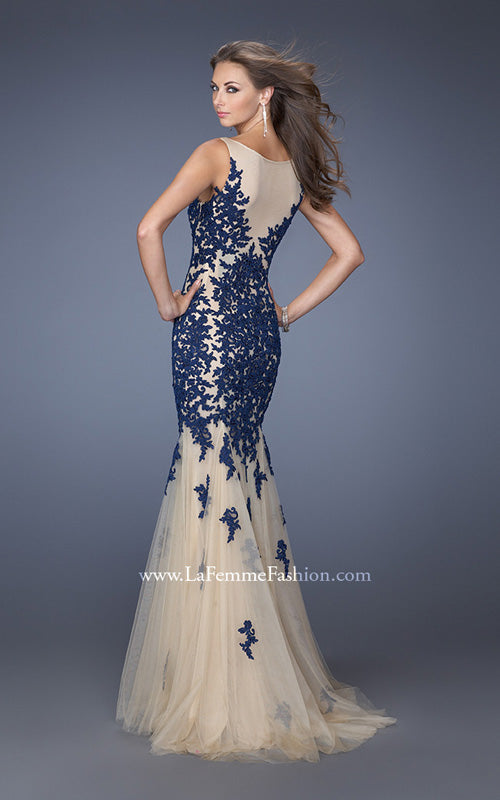 Picture of: Long Lace Mermaid Dress with Tulle Skirt and Lace in Blue, Style: 19916, Back Picture