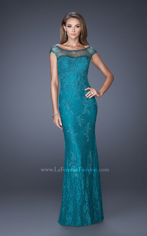 Picture of: Embellished Lace Evening Dress with Cap Sleeves in Blue, Style: 20673, Detail Picture 3