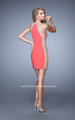 Picture of: Short Cocktail Dress with Sheer Straps and Scoop Neck in Coral, Style: 21117, Back Picture