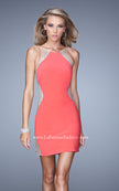 Picture of: Short Cocktail Dress with Sheer Straps and Scoop Neck in Coral, Style: 21117, Detail Picture 2