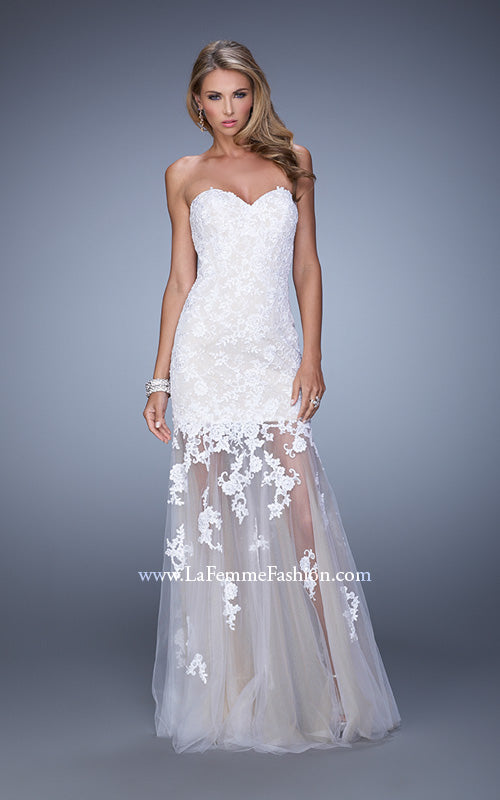 Picture of: Long Lace Dress with Sheer Tulle Skirt and Beaded Lace in White, Style: 21174, Detail Picture 1