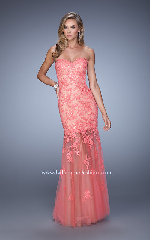 Picture of: Long Lace Dress with Sheer Tulle Skirt and Beaded Lace in Coral, Style: 21174, Detail Picture 2